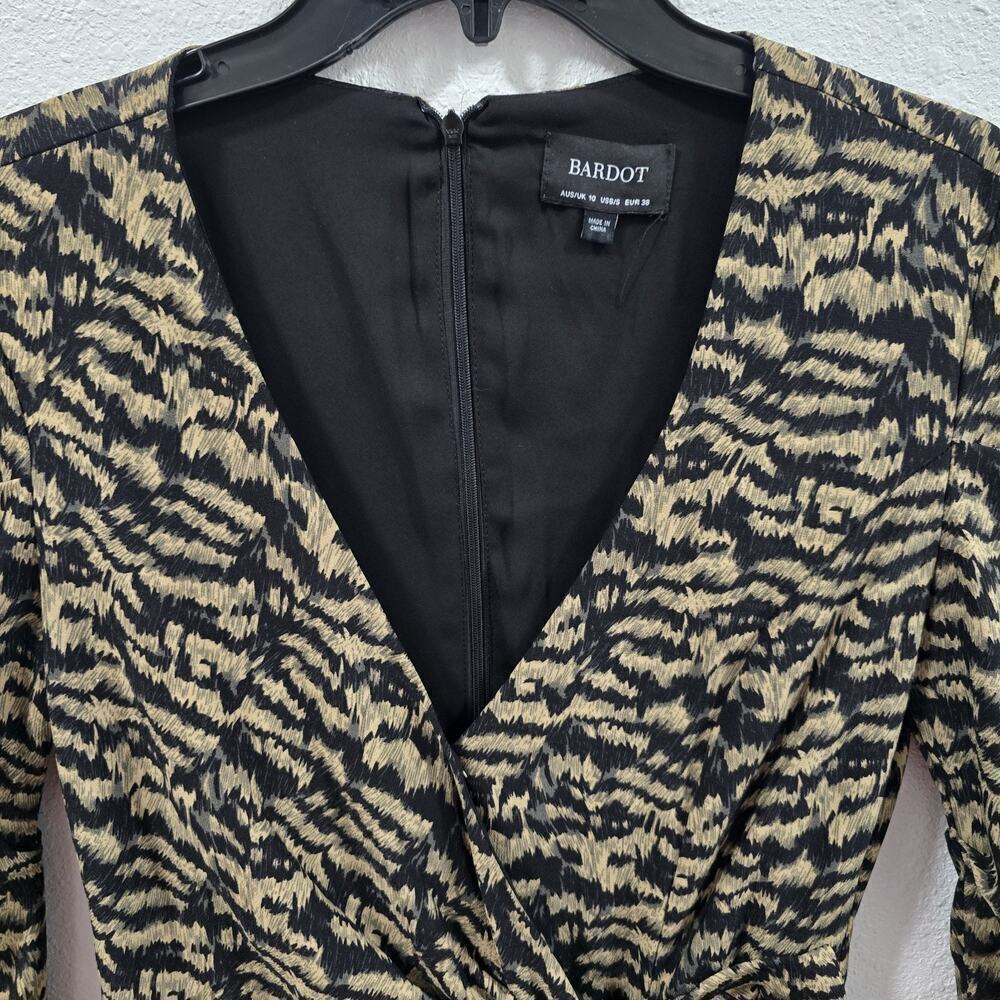 Bardot Animal Print Tracey Twist Black Puff Long Sleeves Mini Wrap Dress Size S - Picture 5 of 14